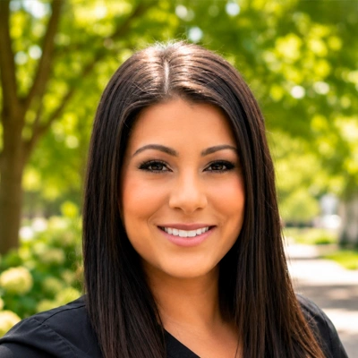 Outdoor portrait of a person with long straight dark hair