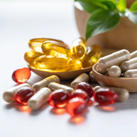 Assorted capsules and softgel supplements