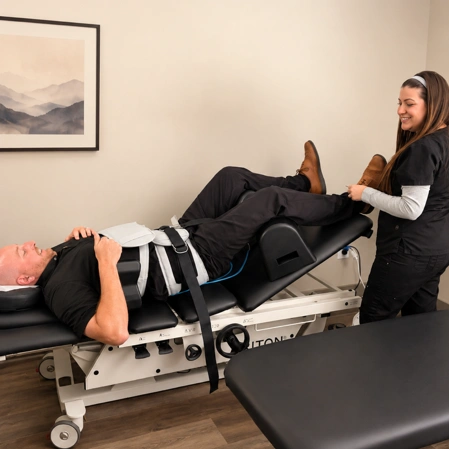 Person lying on a specialized spinal decompression