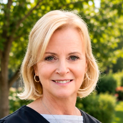 Outdoor headshot portrait of a person with short blonde hair