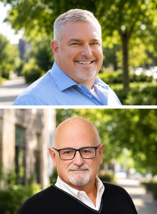 Two professional headshot portraits stacked vertically